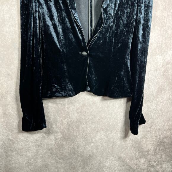 Express Blazer Jacket Womens Medium Blue Velour‎ One-Button Collared Goth Rave - Picture 3 of 8